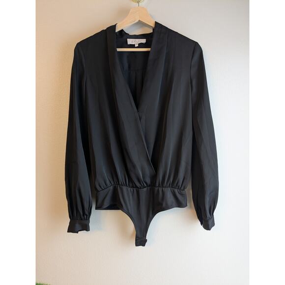 L'Academie Womens Plunge VNeck Long Sleeve Snap Bodysuit Blouse Top Black Small - Picture 9 of 9